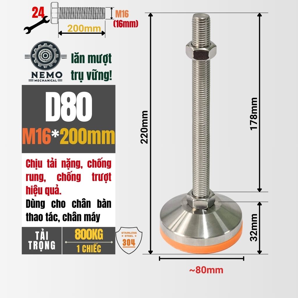 Chân Tăng Chỉnh Inox 304 Ren M16 – Đế Bát Dày Chịu Tải Siêu Nặng 800kg, Chống Ăn Mòn Tuyệt Đối